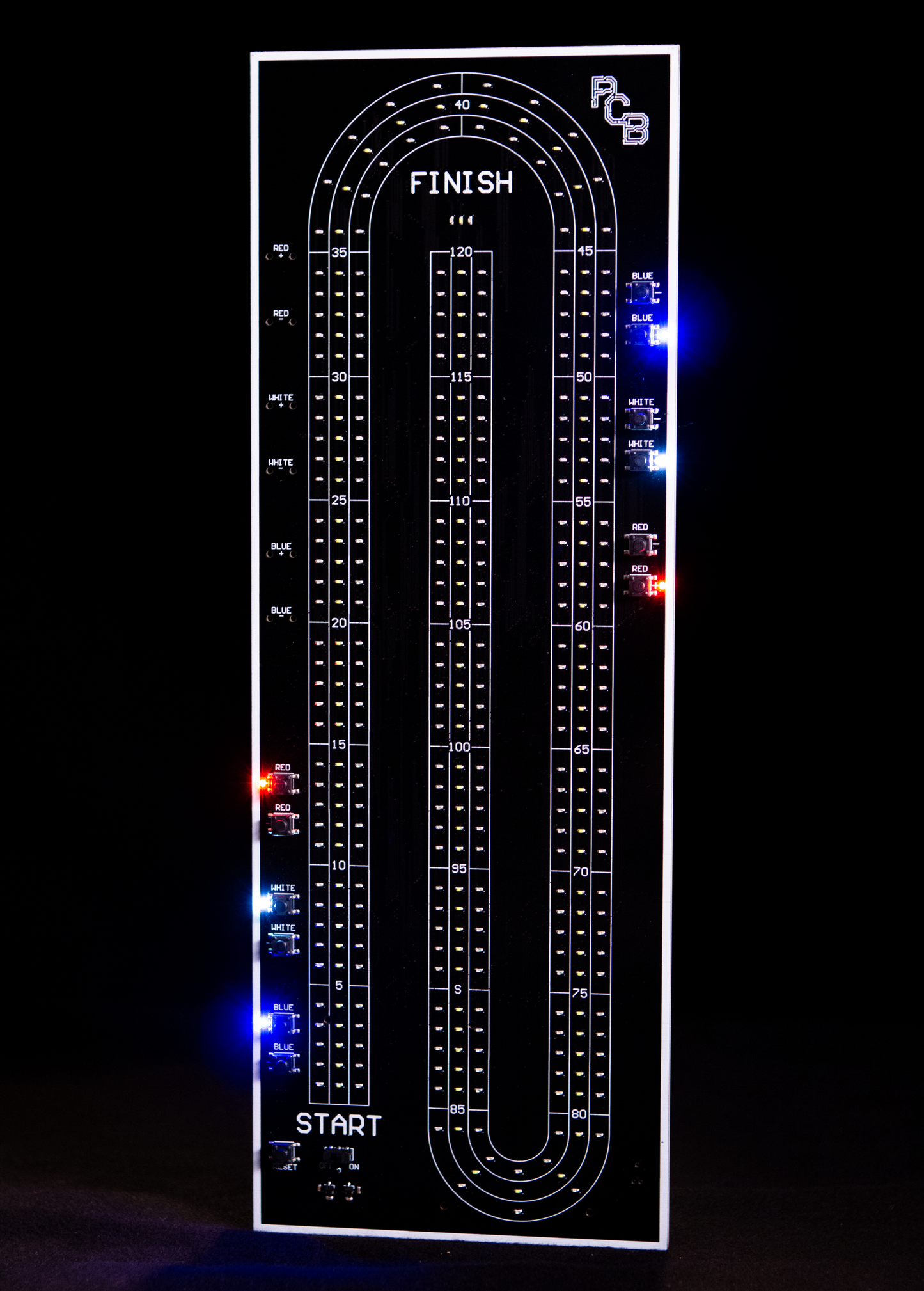 Detailed tracks of the illuminated cribbage board