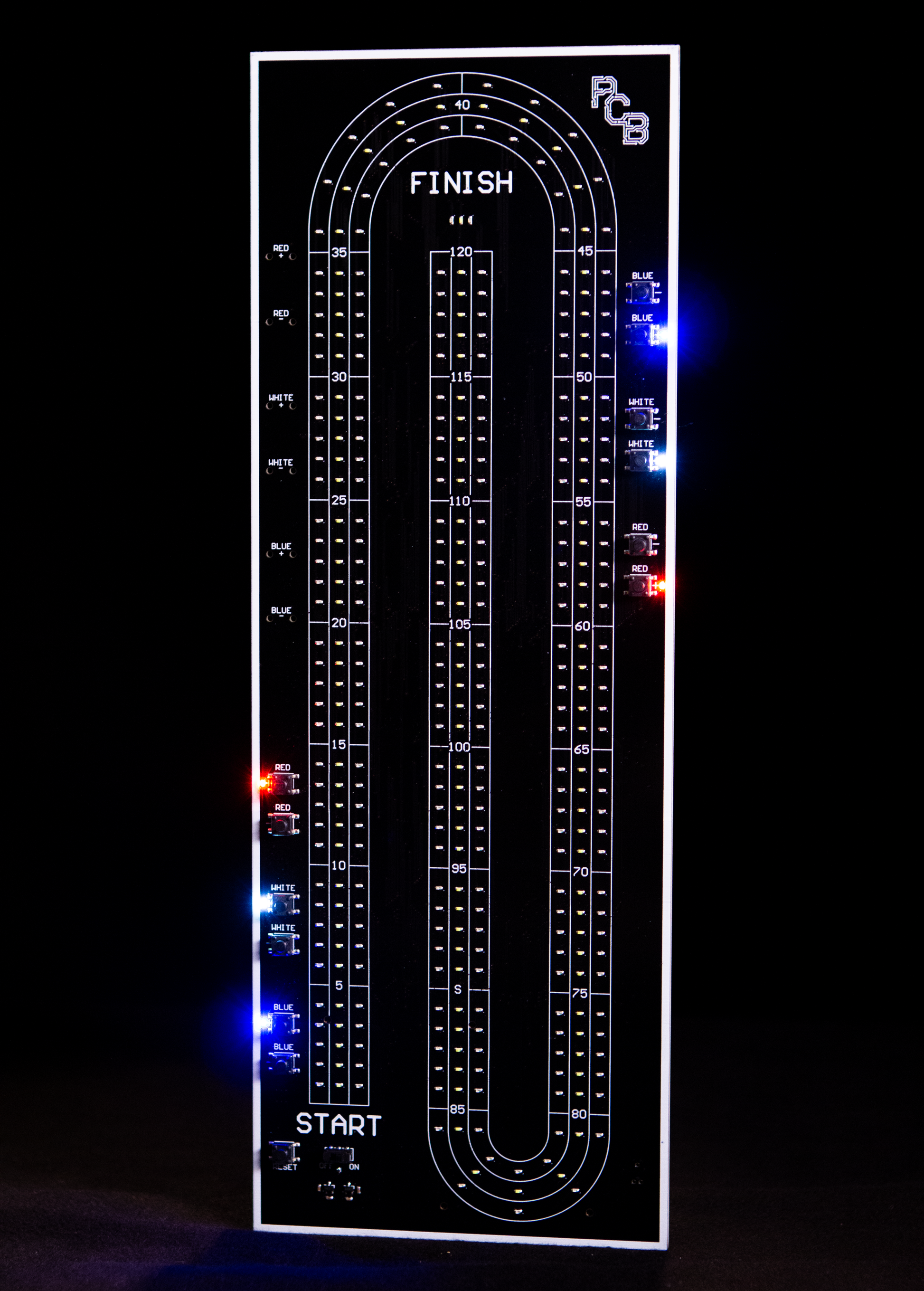 Detailed tracks of the illuminated cribbage board